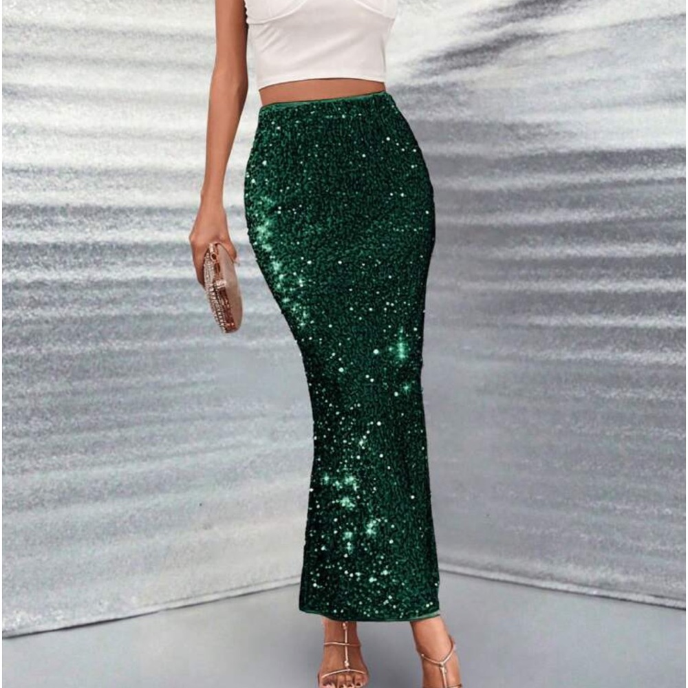 Luxe Velvet Sequin High Waist Holiday Evening Party Skirt Green - Picture 4 of 6